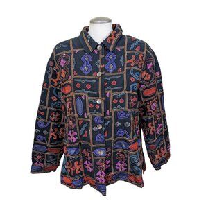 Chicos Design Vintage Patchwork Jacket 3 Womens US XL Black Embroidered Artsy